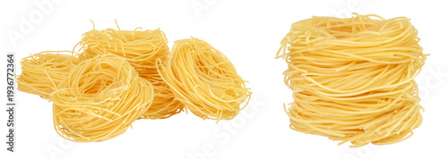 Italian pasta tagliatelle nest isolated on white background with full depth of field.