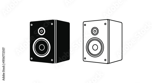 Set of 2 Speaker Icons Vector: Modern Black Solid and Outline Design for Audio, Music, Sound, and Multimedia Applications