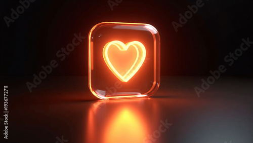 A bright orange neon heart glows inside a rounded square, casting warm reflections across the dark surface and creating a sleek, modern symbol of digital emotion and connection.
