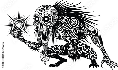 Tribal Polynesian Style Monster Silhouette with Intricate Black and White Tattoo Patterns Holding a Glowing Sun Star Symbol for Tattoo Design