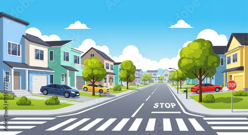 Quiet Suburban Street with Residential Houses and Trees.