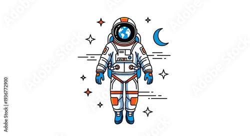 Cute Astronaut Floating in Space with Stars and Moon.