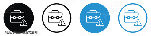 Business briefcase icon with an exclamation warning sign. Represents portfolio risk, job alerts, work errors, or urgent professional notifications. Clean flat design in black and blue variations.