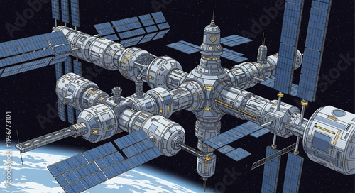 International Space Station Orbiting Earth with Solar Panels.