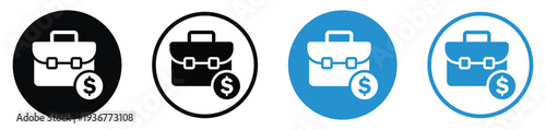 Business briefcase with a dollar coin symbol. Represents salary, investment portfolio, commercial profit, project budget, or financial services. Professional vector set in various colors.
