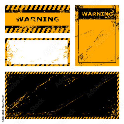 Grunge warning banner set with caution stripes, industrial safety frames and distressed textures. Vector illustration isolated on white background.