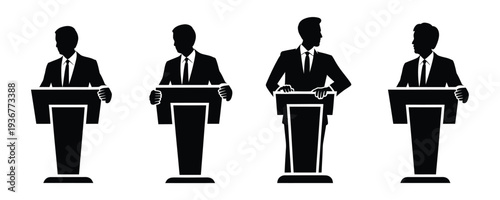 Four businessmen presenting at podiums in different poses