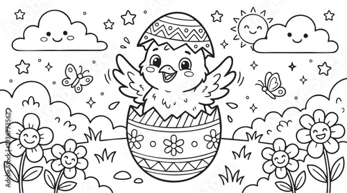 Easter Coloring Page Adorable Chick in Egg Happy Springtime Scene