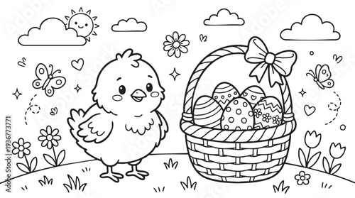 Easter Coloring Page Featuring a Chick and Egg Basket in Spring Landscape