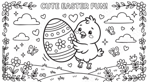 Easter Coloring Page with Cute Chick Holding Decorated Egg