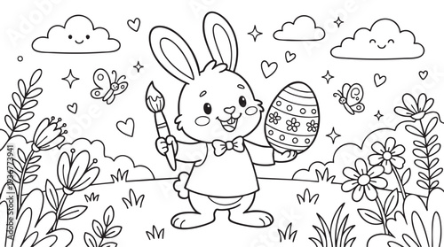 Easter Bunny Painting Egg with Brush in Spring Garden Coloring Page