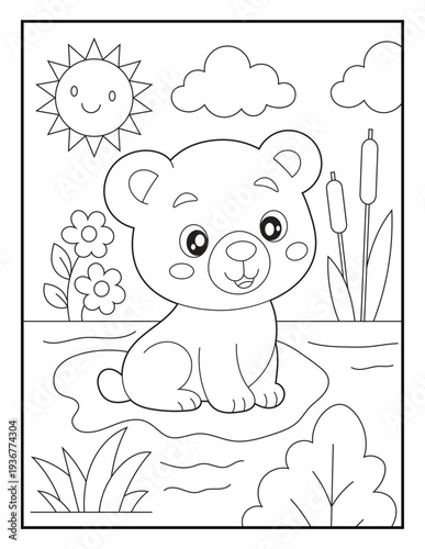 Cartoon Bear in Garden Pond with Flowers Coloring Page for Kids. Black and White Vector Outline for Children.