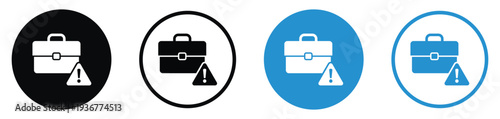 Business briefcase icon with an exclamation warning sign. Represents portfolio risk, job alerts, work errors, or urgent professional notifications. Clean flat design in black and blue variations.