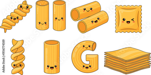 Cute Kawaii Pasta Set with Smiling Noodles, Macaroni, Lasagna Sheets, and Ravioli Cartoon Illustration for Italian Food Menu and Kids Design