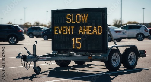 Electronic Sign Warns Drivers of Slow Event Ahead in Busy Parking Lot Area