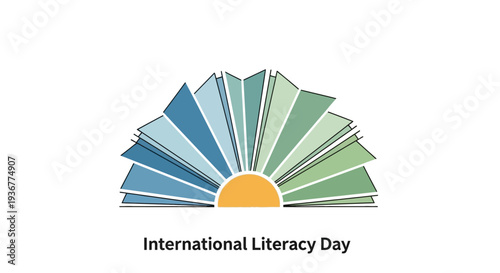 International Literacy Day logo with colorful books and sunrise symbol.