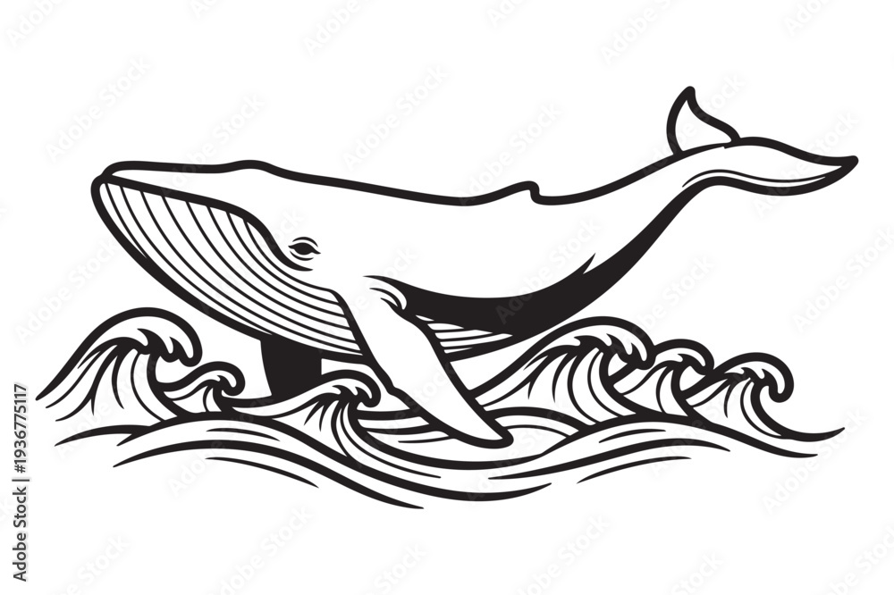 Fototapeta premium Whale Jumping Through Ocean Waves, Minimalist Vector Illustration