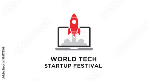 World Tech Startup Festival logo with red rocket on laptop screen.