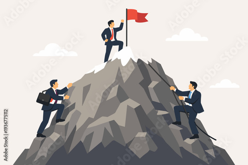 Business competition concept with businessmen climbing a mountain to reach the peak and plant a red flag. Illustration of career achievement, goal pursuit, leadership, and success challenge.
