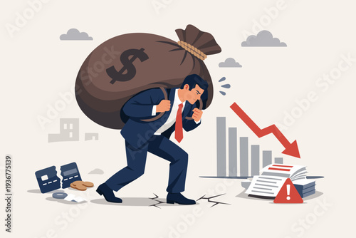 Businessman Carrying a Heavy Bag of Money with Dollar Sign on His Back Symbolizing Financial Debt and Economic Crisis. Stressed Man Struggling with Bankruptcy, Inflation, and Falling Profits.