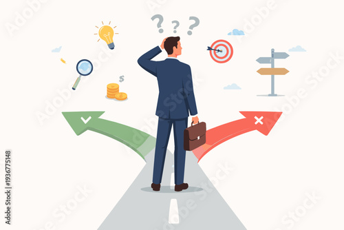 Businessman at crossroads making a career decision between two paths. Concept of choosing the right direction, business strategy, opportunity, challenge, success, and professional life goals.