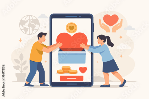 Online Charity Donation Concept with People Putting a Large Heart into a Mobile App Box for Support and Care. Volunteer Giving Money and Love to Help Others through Digital Platform Illustration.