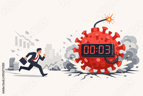 Businessman running away from a COVID-19 coronavirus time bomb about to explode, representing the global economic crisis, financial market crash, and business recession during the pandemic.