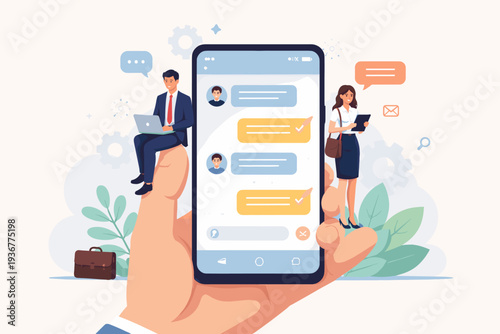 Business Teamwork and Communication via Mobile Application Illustration. A Giant Hand Holding a Smartphone with a Chat Interface, Featuring Professionals Collaborating Digitally with Laptops.