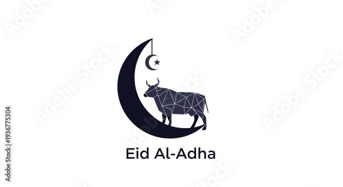 Eid Al-Adha Islamic celebration logo with cow and crescent moon.
