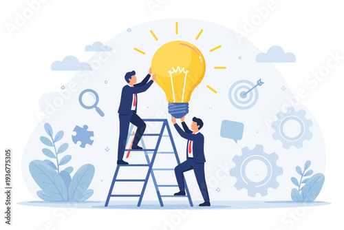 Business Partnership and Teamwork for Success with Two Businessmen Collaborating to Hold a Giant Glowing Lightbulb Symbolizing Innovation, Creative Problem Solving, and Support to Achieve Goals.