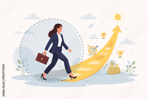 Ambitious businesswoman stepping out of her comfort zone circle onto a rising arrow path leading to success, career advancement, and wealth with trophies, money bags, and target icons.