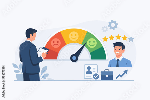 Professional Performance Review and Employee Evaluation Concept with HR Manager Assessing Candidate Quality Using Rating Scale, Star Feedback, and Productivity Metrics for Career Growth Success