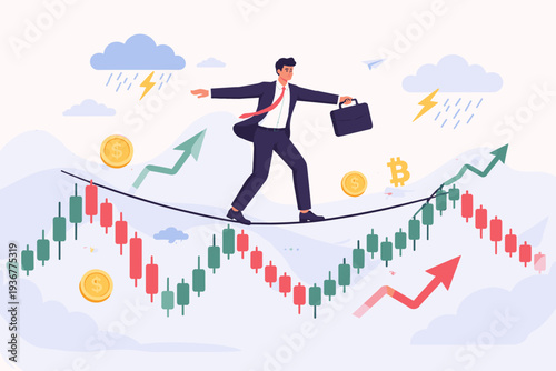 Businessman Balancing on Tightrope Over Volatile Stock Market Candlestick Chart with Bitcoin and Dollar Coins, Representing Financial Risk, Economic Uncertainty, and Investment Strategy Success.