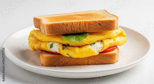 A generous and appealing homemade omelette sandwich resting on a simple plate, featuring golden toasted bread and fluffy folded eggs, culinary, appetizing, healthy