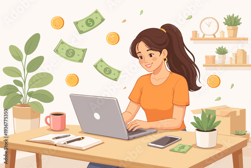 Happy young woman freelancer or online business owner working from home on laptop with floating money bills and coins, concept of financial success, remote work, and digital entrepreneurship.