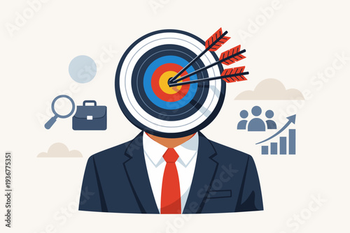 Vector illustration of a businessman in a suit with a target for a head and arrows hitting the bullseye, symbolizing marketing strategy, recruitment, headhunting, and reaching business goals.