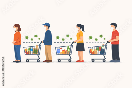 People Wearing Face Masks and Practicing Social Distancing in a Grocery Store Queue with Shopping Carts to Prevent the Spread of COVID-19 Coronavirus Pandemic Outbreak and Stay Safe in Public
