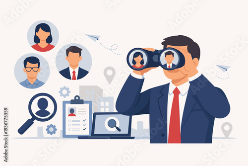 Human Resources Recruitment Concept with HR Manager Looking Through Binoculars to Find Best Candidate for Job Vacancy. Talent Acquisition, Career Search, and Hiring Process Vector Graphic.