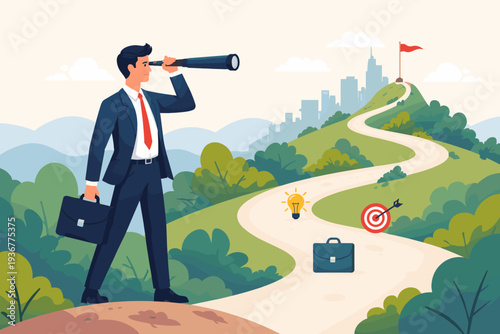 Visionary businessman with telescope looking at winding path to success with milestones like ideas and goals, representing career development, leadership, and project planning for future growth.