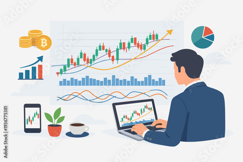 Professional trader analyzing stock market data and cryptocurrency trends on laptop and large display with candlestick charts, bitcoin coins, and financial indicators for technical analysis.