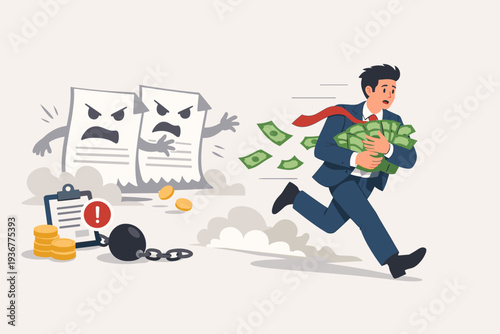 Businessman Running Away with Cash Chased by Angry Tax Bills and Debt, Concept of Tax Evasion, Financial Fraud, Illegal Revenue Hiding, Money Laundering, and Avoiding Government Tax Payments Problems