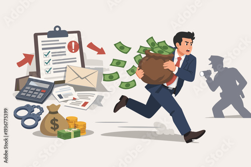 Businessman Running with Money Bag Committing Tax Evasion and Financial Fraud, Illegal Revenue Hiding and Money Laundering Concept with Police Shadow, Handcuffs, and Audit Documents Illustration