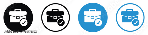 Professional briefcase icon with a checkmark symbol. Illustrates successful job completion, approved applications, verified work, or finished business tasks. Modern outline and solid styles.