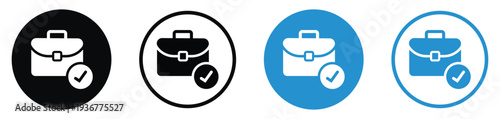 Professional briefcase icon with a checkmark symbol. Illustrates successful job completion, approved applications, verified work, or finished business tasks. Modern outline and solid styles.