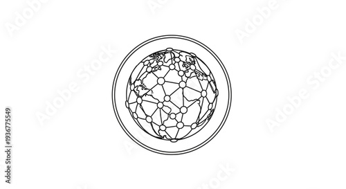 Black and white illustration of a globe with a network pattern inside a circular border.