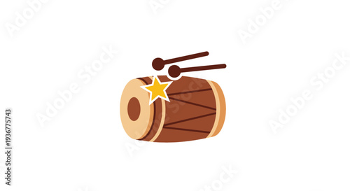 Drum with drumsticks and sparkle icon on white background.
