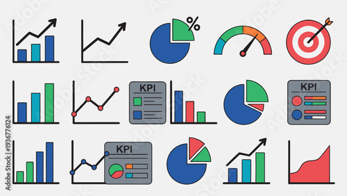 Collection of colorful data visualization graphics including charts and KPI indicators displayed on a grid layout