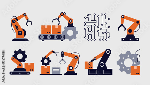 Industrial robots and machinery icons arranged in a grid showcasing technology and manufacturing processes in a modern industrial setting
