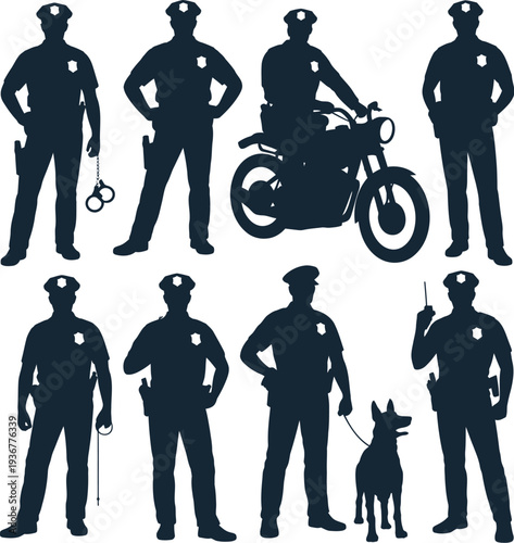 Police officers in various poses with a dog and motorcycle silhouette