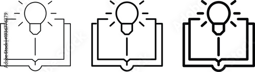 Three line art icons depicting an open book with a glowing light bulb above, symbolizing knowledge, ideas, and learning.